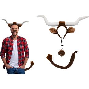 Adult Texas Longhorn Bull Steer Costume Set Plush Cow Horn Headband Ears Nose with Ring and Tail Fun Animal Cosplay Accessories for Halloween Dress-Up Parties Plays Unisex for Adults Brown/White