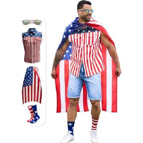 American Flag Mens Vest,4th of July Cape,USA Sunglasses,Patriotic Socks,4 Pcs for Independence Labor Day