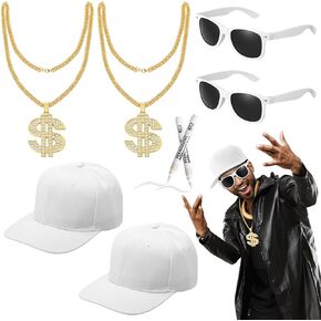 8 Pcs Hip Hop Costumes Kit 80s 90s Rapper Accessories Including Sunglasses Necklace Hat Pens for Men Women Rapper Themed Party