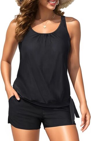 Blouson Tankini Swimsuit with Shorts - Womens Two Piece with Pockets Tummy Control Bathing Suit Modest Swimwear 2025 in Kuwait