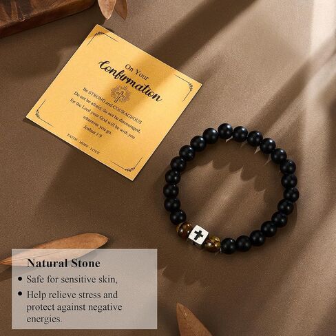 سوار Cross Bead للرجال ، والهدايا المسيحية للأب ، والزوج ، والخرز الأسود القابل للتعديل Onyx & Tiger Eye مع سحر الصلب غير القابل للصدأ ، والمعمودية ، والتأكيد ، وعيد الفصح ، وعيد الميلاد ، وهدايا التخرج in Kuwait