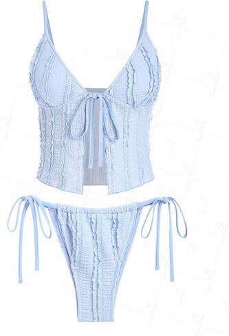 seamoly Ruffled Trim Textured Tied Side Tanga Tankini Set in Kuwait