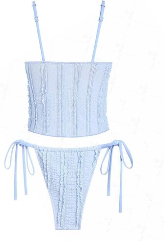 seamoly Ruffled Trim Textured Tied Side Tanga Tankini Set in Kuwait