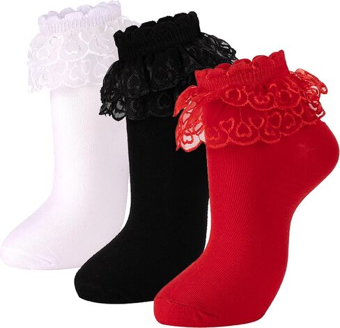 NiceBaby 3 Pairs Adult Ruffle Socks for Women, Double Lace Cute Frilly Socks, Women's Cotton Ankle Socks Size 9-11 in Kuwait