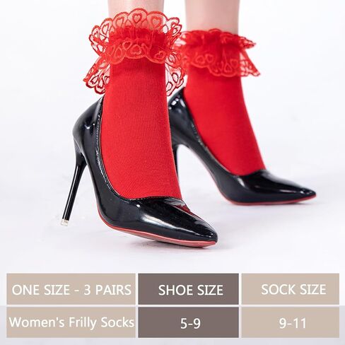 NiceBaby 3 Pairs Adult Ruffle Socks for Women, Double Lace Cute Frilly Socks, Women's Cotton Ankle Socks Size 9-11 in Kuwait