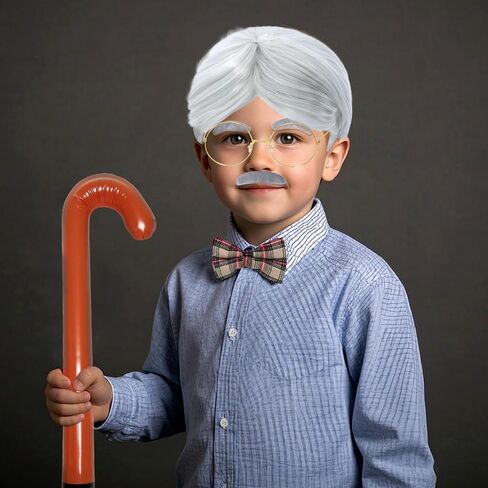 Old Man Wig Costume Kits Grandpa Accessories Cosplay Set 100th Day of School Glasses Inflatable Cane Moustache Eyebrow in Saudi Arabia