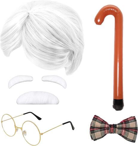 Old Man Wig Costume Kits Grandpa Accessories Cosplay Set 100th Day of School Glasses Inflatable Cane Moustache Eyebrow in Saudi Arabia