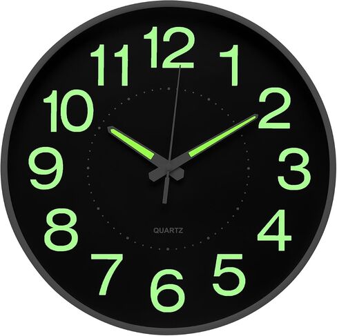 Night Light Wall Clock 12 Inch Non-Ticking Silent Luminous Decor Clock Black Round Glow in The Dark Battery Operated Wall Clocks for Home/Garage/Office/Living Room/Bedroom/Kitchen in Saudi Arabia