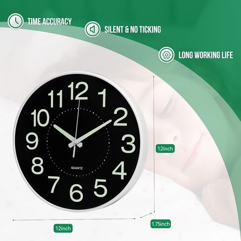 Night Light Wall Clock 12 Inch Non-Ticking Silent Luminous Decor Clock Black Round Glow in The Dark Battery Operated Wall Clocks for Home/Garage/Office/Living Room/Bedroom/Kitchen in Saudi Arabia