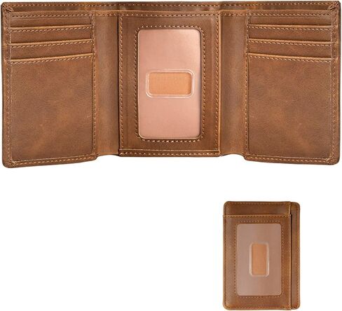 Trifold Wallet for Men Wallets with 8 Card Slot and 2 Money Pocket and 1 Clear Windows Slot + 1 Slim Card Pocket for Credit Card with 6 Card Slot and 1 Transparent Windows Slot - Brwon in Saudi Arabia