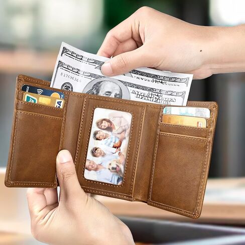 Trifold Wallet for Men Wallets with 8 Card Slot and 2 Money Pocket and 1 Clear Windows Slot + 1 Slim Card Pocket for Credit Card with 6 Card Slot and 1 Transparent Windows Slot - Brwon in Saudi Arabia