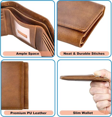 Trifold Wallet for Men Wallets with 8 Card Slot and 2 Money Pocket and 1 Clear Windows Slot + 1 Slim Card Pocket for Credit Card with 6 Card Slot and 1 Transparent Windows Slot - Brwon in Saudi Arabia