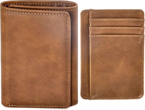 Trifold Wallet for Men Wallets with 8 Card Slot and 2 Money Pocket and 1 Clear Windows Slot + 1 Slim Card Pocket for Credit Card with 6 Card Slot and 1 Transparent Windows Slot - Brwon in Saudi Arabia