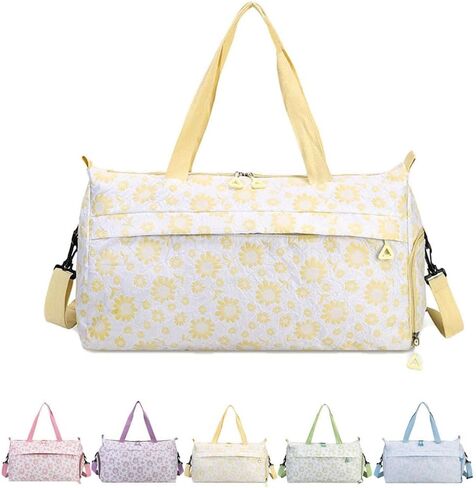 Cute Floral Duffle Bag for Travel,Gym Bag for for Girl/Women,Waterproof Overnight Bag Dance Bag with Shoes Compartment & Wet Pocket,Flower Sports Duffel Bag Weekender Bags(Yellow) in Kuwait