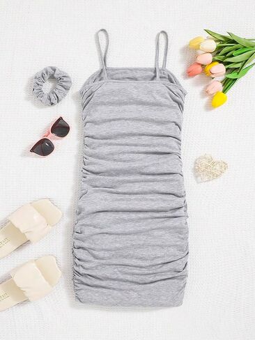 Soly Hux Girl's Summer Spaghetti Strap Ruchedless Sirceless Short Bodycon Dress مع Scrunchies شعر in Saudi Arabia