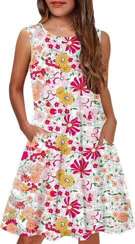 Yovion Girls Girls Dress Summer Boho بلا أكمام A-LINE SUNDRESS مع جيوب لمدة 6-12 سنة in Kuwait