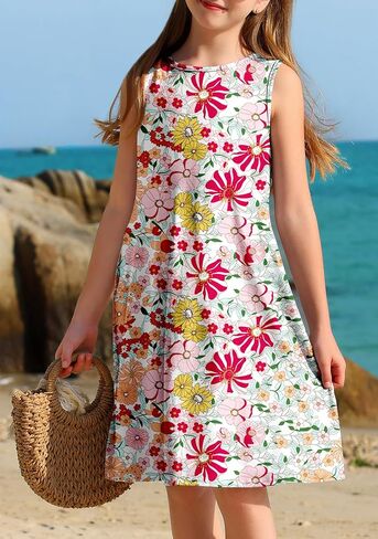 Yovion Girls Girls Dress Summer Boho بلا أكمام A-LINE SUNDRESS مع جيوب لمدة 6-12 سنة in Kuwait