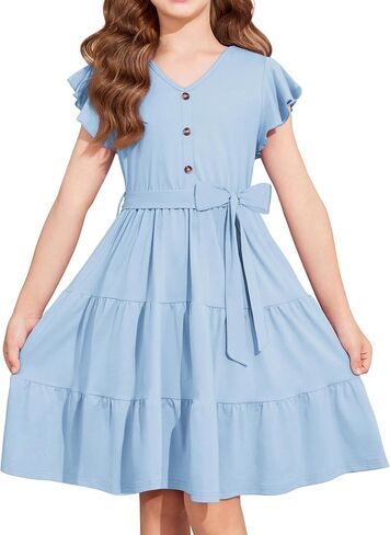 Arshiner Girls Dress Short Sleeve Summer V Neck Button Removable Belt Dresses with Pockets 5-12 Y in Saudi Arabia