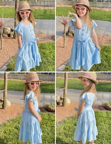 Arshiner Girls Dress Short Sleeve Summer V Neck Button Removable Belt Dresses with Pockets 5-12 Y in Saudi Arabia