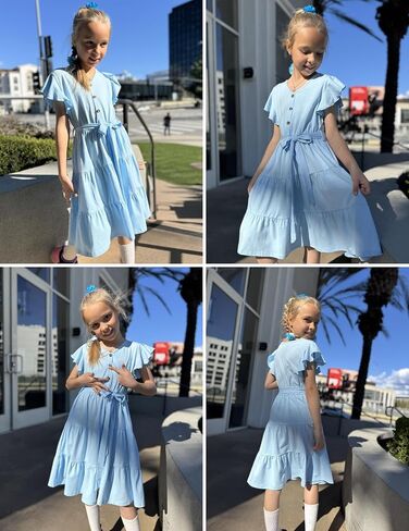 Arshiner Girls Dress Short Sleeve Summer V Neck Button Removable Belt Dresses with Pockets 5-12 Y in Saudi Arabia