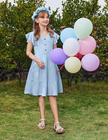 Arshiner Girls Dress Short Sleeve Summer V Neck Button Removable Belt Dresses with Pockets 5-12 Y in Saudi Arabia