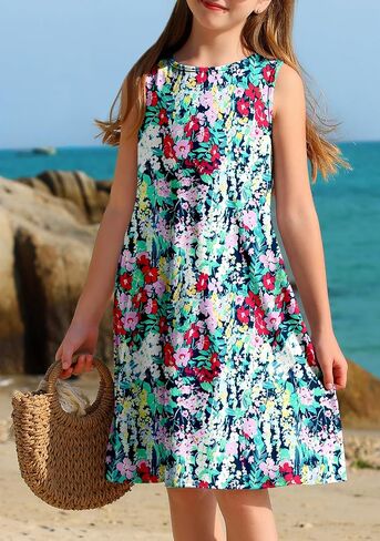 Yovion Girls Girls Dress Summer Boho بلا أكمام A-LINE SUNDRESS مع جيوب لمدة 6-12 سنة in Kuwait
