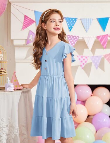 Arshiner Girls Dress Short Sleeve Summer V Neck Button Removable Belt Dresses with Pockets 5-12 Y in Saudi Arabia