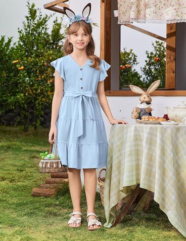 Arshiner Girls Dress Short Sleeve Summer V Neck Button Removable Belt Dresses with Pockets 5-12 Y in Saudi Arabia