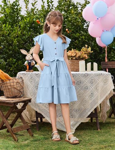 Arshiner Girls Dress Short Sleeve Summer V Neck Button Removable Belt Dresses with Pockets 5-12 Y in Saudi Arabia