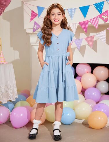 Arshiner Girls Dress Short Sleeve Summer V Neck Button Removable Belt Dresses with Pockets 5-12 Y in Saudi Arabia