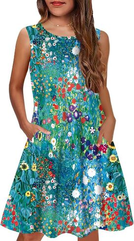 Yovion Girls Girls Dress Summer Boho بلا أكمام A-LINE SUNDRESS مع جيوب لمدة 6-12 سنة in Kuwait