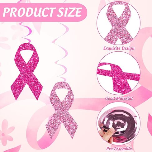 Whaline Breast Cancer Awareness Hanging Swirls Glitter Pink Ribbon Ceiling Spiral Streamers Hanging Ornaments for Home Party Wall Decoration Supplies, 18 Pcs in Saudi Arabia