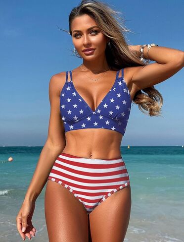 ZAFUL Women's Bikini Sets V Neck Push Up Shell Stitch Two Piece Swimsuits Color Block High Waisted Bikini Cute Bathing Suits in Saudi Arabia