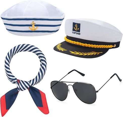 Yacht Captain Hat, Sailor Hat Costume Accessories Set with Navy Scarf and Sunglasses, Nautical Hats for Men Women in Saudi Arabia
