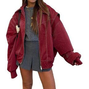 VOIKERDR Womens Oversized Leather Jackets Motorcycle Coats Faux Leather Blazer Biker Jacket