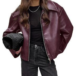 VOIKERDR Faux Leather Jacket Women Burgundy Zip Up Jackets Trendy Motorcycle Jacket Outerwear