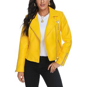 Fahsyee Women's Yellow Leather Jackets, Faux Motorcycle Bomber Moto Biker Plus Size Coat Short Lightweight Vegan Pleather Fashion S