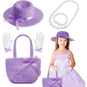 Tradder 5 Pcs Tea Party Hat Accessories Girls Tea Party Gloves Fascinator Hat Handbag Bracelet Necklace for Outfit Decoration