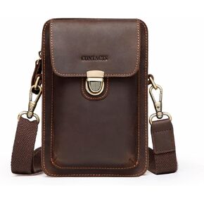 Hiram Men's Leather Phone Bag for iPhone SE, Leather Waist Bag for Men, Men's Crossbody Bag for Cellphone, Small Leather Shoulder Bag for Men-Coffee