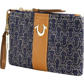 True Religion Women's Mini Wallet, Small Compact Quilted Clutch Pouch with Wrist Strap, Dark Denim, One Size