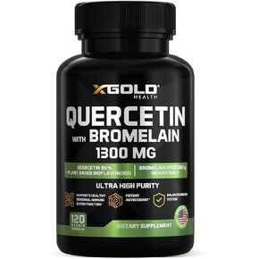 Quercetin + Bromelain 1،300mg - Quercetin: 95 ٪ - تم تنقيتها للغاية ومتاحة للبيولوجية بالإضافة إلى Bromelain 2،400 GDU/G - صنع في الولايات المتحدة | 120 قبعات