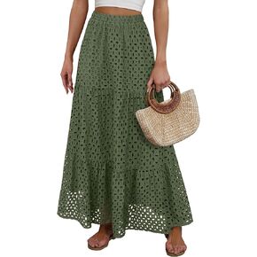 ANRABESS Maxi Skirts for Women Boho Summer A-Line Eyelet Elastic Waist 2025 Casual Tiered Flowy Long Beach Vacation Dress