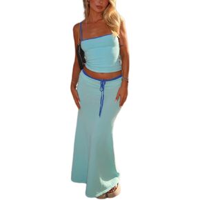 Sexy Two Piece Outfits for Women Summer Spaghetti Strap Tank Top High Waist Bodycon Maxi Skirt Set Vacation Outfits