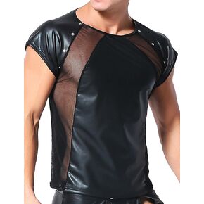 FEOYA Men’s Leather Shirts Short Sleeve Slim Fit Tops Short Sleeve Round Neck Clubwear Sexy Black Leather T-Shirts
