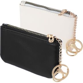 2 Pcs Leather Coin Purse Small Zipper Change Pouch with Keychain Mini Zip Key Ring Card Holder Portable Keychain Wallet Clutch for Women Men Kids Credit ID Folded Bills Headset Lipstick