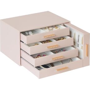 Large Jewelry Organizer Box, Earring Holder Organizer Box with Drawers, Tiered 5 Trays Necklace Holder Organizer, Storage Box for Watches, Bracelets, Stud Earrings Organization White Women Girls Gift