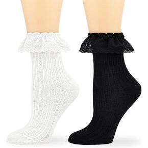 VIBCICY Ruffle Lace Crew Socks, Casual Soft Comfortable Frilly Socks, Lolita Princess Accessory Ankle Socks for Women 2 Packs (Black + White)