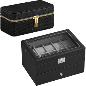 SONGMICS 20-Slot Watch Box and 3 Watch Travel Case Bundle, with Glass Lid, 2 Layers, Woven Embossed PU Leather, Ink Black Surface, Gray and Slate Gray Lining UJWB006 and UJWB017G01