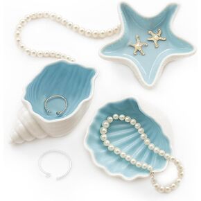 3 Pcs Ceramic Jewelry Tray Aqua Shell Trinket Dish Ceramic Ring Earring Holder Ocean-themed Decorative Trinket Plate for Rings Earrings Necklaces Bracelet Jewelry Watch Keys