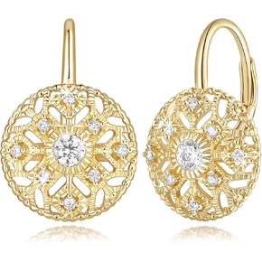 Eloqueen 14K Gold Earrings Gold Hoop Earrings for Women Dangle with Cubic Zirconia with Engraved Details Leverback Drop Earring for Women Non Tarnish